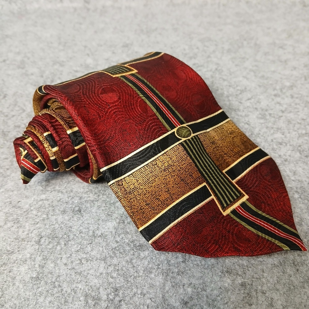 Amore Necktie Mens One Size Burgundy Red Gold Silk‎ Geometric Abstract Stripe
